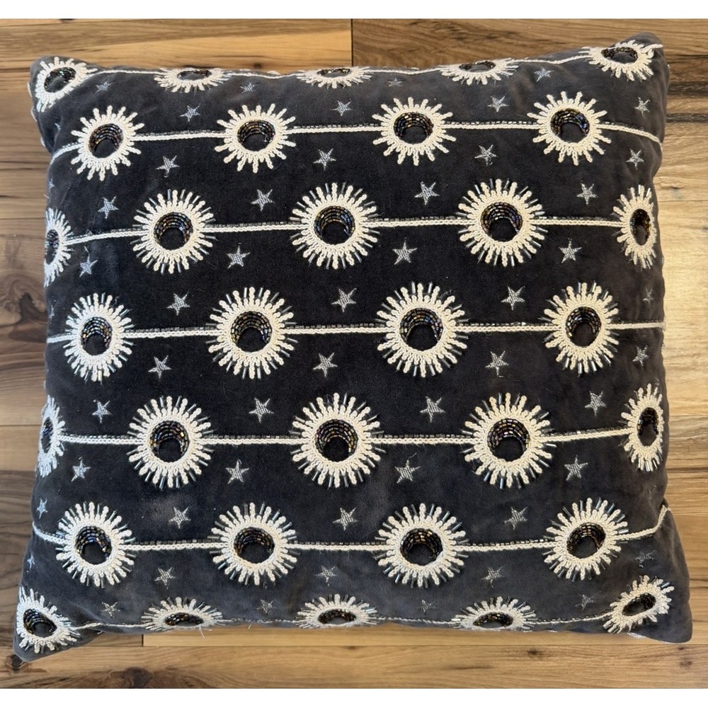 Gray Velvet Celestial Sun Moon Stars Beaded Embroidered Throw Pillow 20x20
